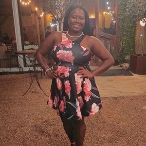 Black dress with pink floral detailing